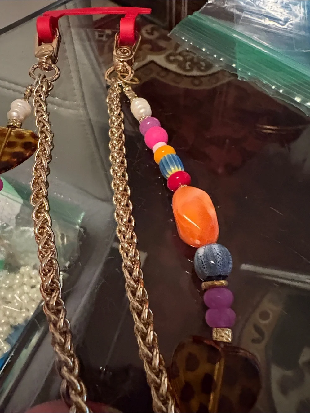 Colorful Beaded Phone Chain with Gold-Tone Chain and Heart Accent
